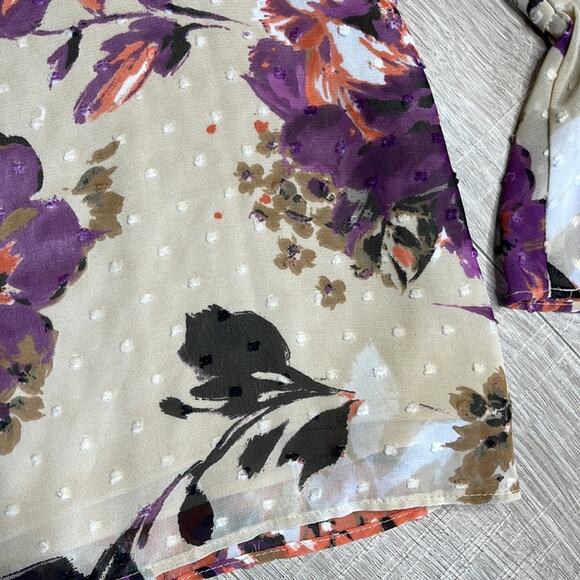 INC Floral Cream Purple Cold Shoulder Long Bell Sleeve Blouse Women’s - Picture 10 of 11